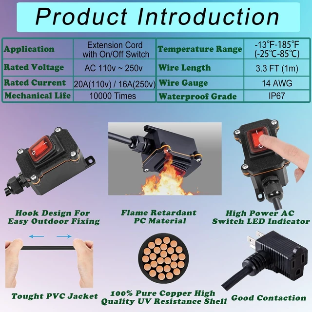 Alt view image 5 of 6 - Inline Cord Switch with 14AWG Cable, Outdoor Extension Cord Switch with Piggyback Plug 3-Pronged, IP67 Waterproof Red LED Rocker Button, Heavy Duty AC/DC 20A-125V