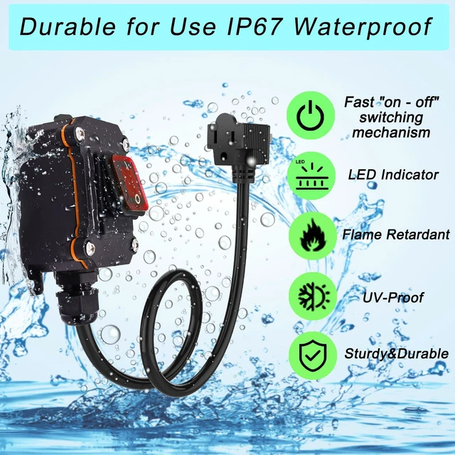 Alt view image 3 of 6 - Inline Cord Switch with 14AWG Cable, Outdoor Extension Cord Switch with Piggyback Plug 3-Pronged, IP67 Waterproof Red LED Rocker Button, Heavy Duty AC/DC 20A-125V