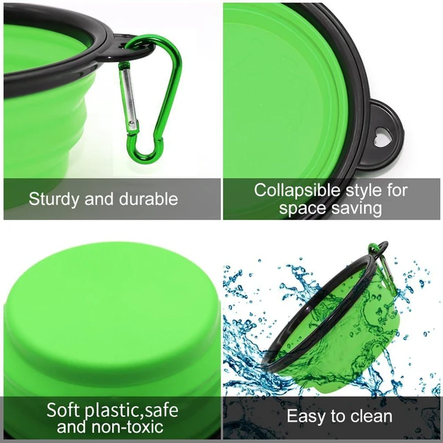 Alt view image 3 of 6 - Collapsible Dog Bowls 2 Pack, Portable Pet Feeding Watering Dish for Walking, Parking, Traveling with 2 Carabiners, Small, Blue+Green