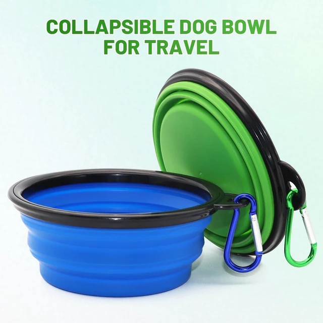 Alt view image 2 of 6 - Collapsible Dog Bowls 2 Pack, Portable Pet Feeding Watering Dish for Walking, Parking, Traveling with 2 Carabiners, Small, Blue+Green