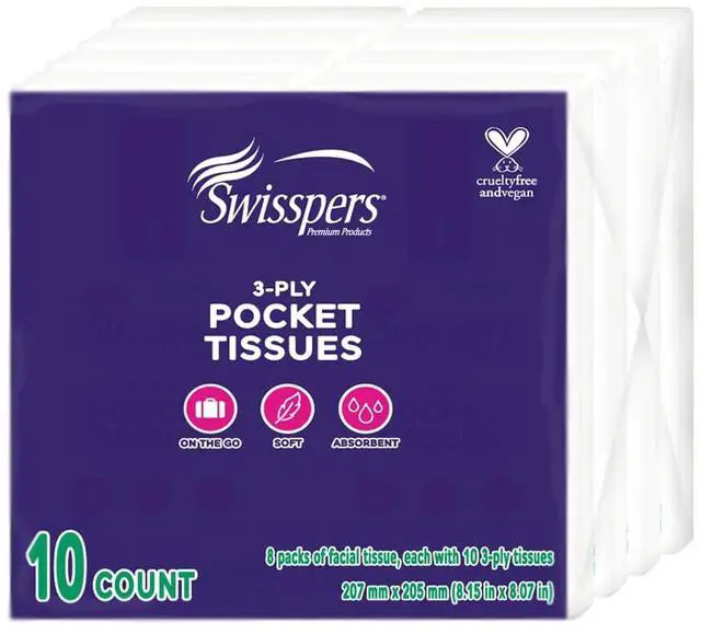 Main image of Swisspers Pocket Tissues 3-Ply White, 10 per Pack (Pack of 8)