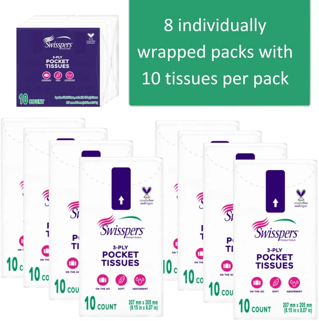 Alt view image 3 of 7 - Swisspers Pocket Tissues 3-Ply White, 10 per Pack (Pack of 8)