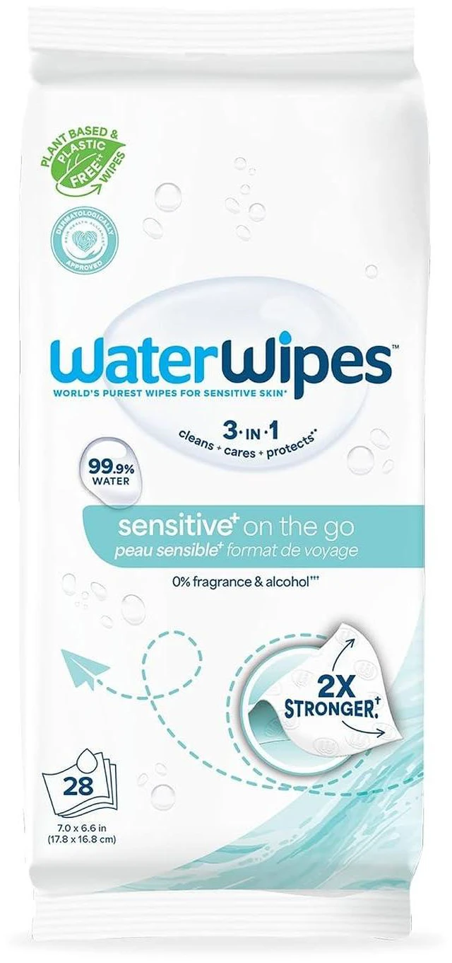 Main image of WaterWipes Sensitive+ On the Go Wipes, 3-in-1 Clean, Care, Protect, 99.9% Water, Unscented, Hypoallergenic, 28 Count (Pack of 1)