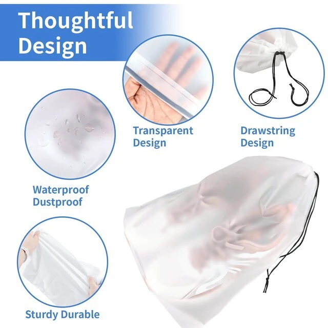 Alt view image 4 of 7 - Clear Travel Shoe Bags 5-Pack 15.7x11.8in - Waterproof Drawstring Organizers for Packing, Essential Travel Gear for Men and Women