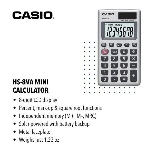Alt view image 6 of 6 - Casio HS-8VA Mini 6-Function Calculator