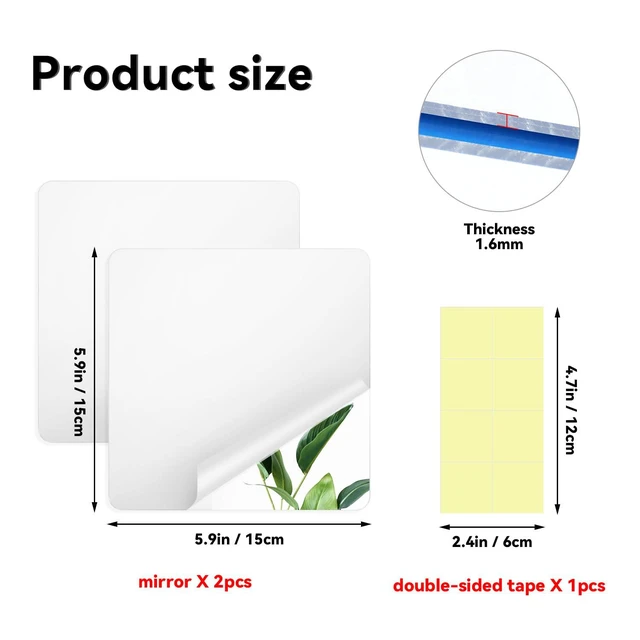 Alt view image 3 of 7 - Yuntop 2 Pack Self Adhesive Acrylic Mirror, 2mm Flexible Plastic Mirror, Shatterproof PS Frameless Wall Mirror, 6x6 Inch