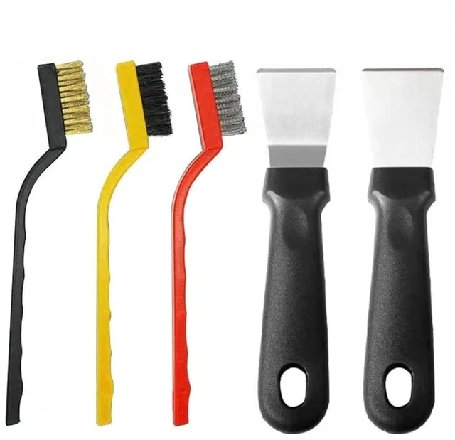 Main image of 2Pcs Stainless Steel Cleaning Scraper for Ovens, Stoves, Induction Hob, with 3Pcs Stainless Steel, Brass, Nylon Brushes, Straight Version + Bending Version (Black)