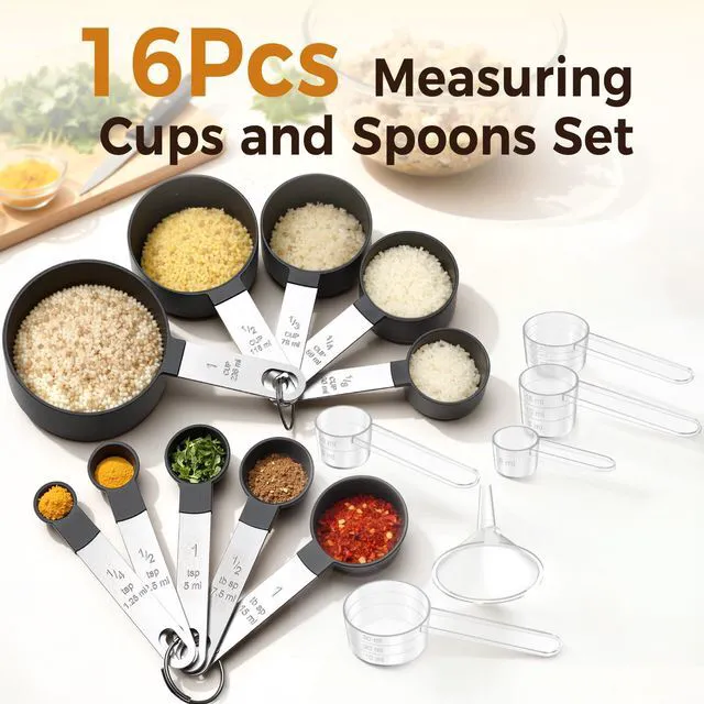 Alt view image 7 of 7 - 16PCS Measuring Cups and Spoons Set, Metric and US Measurements, Dry and Liquid, Black