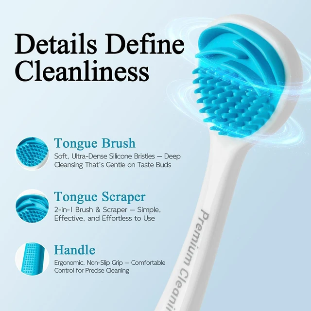Alt view image 2 of 6 - Silicone Tongue Scraper & Brush for Adults, Soft Flexible Bristles, Non-Metal, Removes Tongue Coating & Food Residue for Fresh Breath