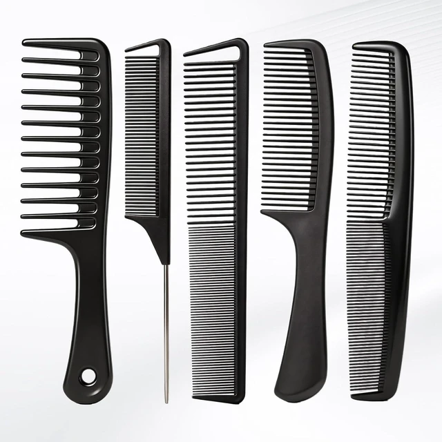 Main image of 5PCS Carbon Fiber Hair Comb Set - Wide & Fine Tooth Rat Tail Combs for Men Women, Hair Cutting Styling Braiding Parting Teasing Tools (Black)