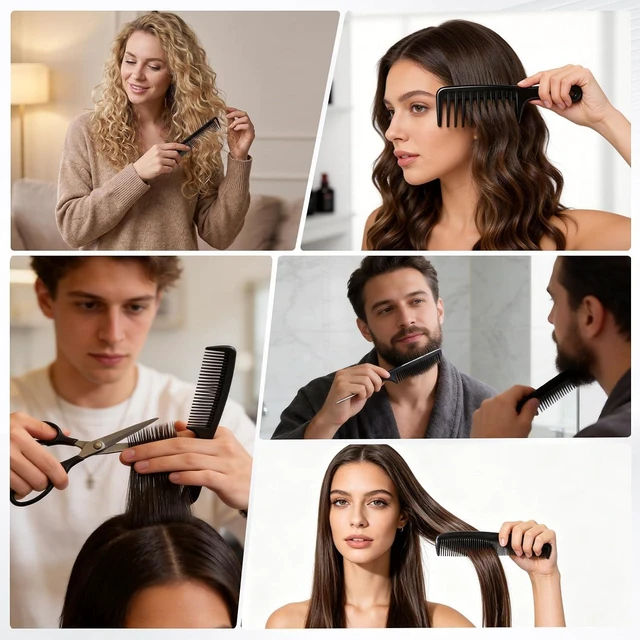 Alt view image 4 of 6 - 5PCS Carbon Fiber Hair Comb Set - Wide & Fine Tooth Rat Tail Combs for Men Women, Hair Cutting Styling Braiding Parting Teasing Tools (Black)