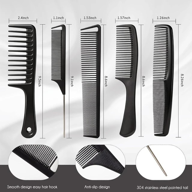 Alt view image 6 of 6 - 5PCS Carbon Fiber Hair Comb Set - Wide & Fine Tooth Rat Tail Combs for Men Women, Hair Cutting Styling Braiding Parting Teasing Tools (Black)