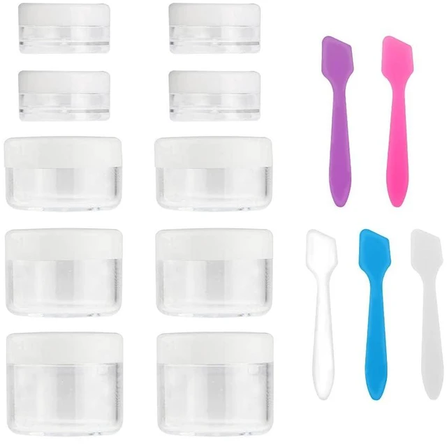 Main image of Accmor 10-Piece Makeup Travel Containers with Lids, 0.11/0.18/0.35/0.53/0.7oz Cosmetic Jars, 5 Mini Spatulas, Plastic Travel Storage, White