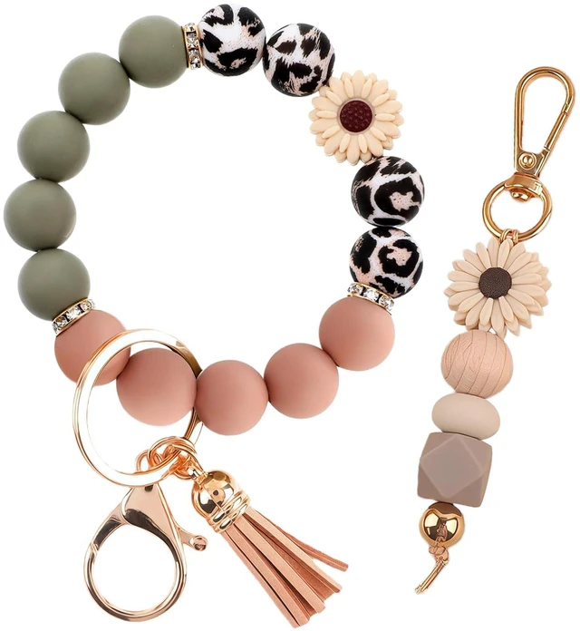 Main image of 2PCS Silicone Beaded Bangle Bracelet Key Ring Set, Cute Car Keychain Wristlet for Women and Girls
