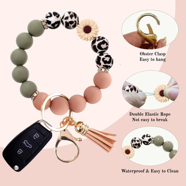 Alt view image 5 of 5 - 2PCS Silicone Beaded Bangle Bracelet Key Ring Set, Cute Car Keychain Wristlet for Women and Girls