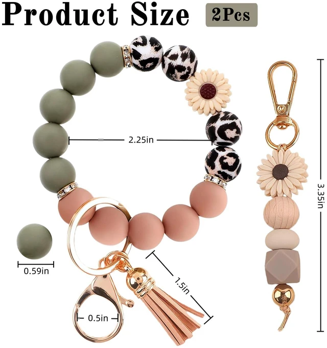 Alt view image 3 of 5 - 2PCS Silicone Beaded Bangle Bracelet Key Ring Set, Cute Car Keychain Wristlet for Women and Girls