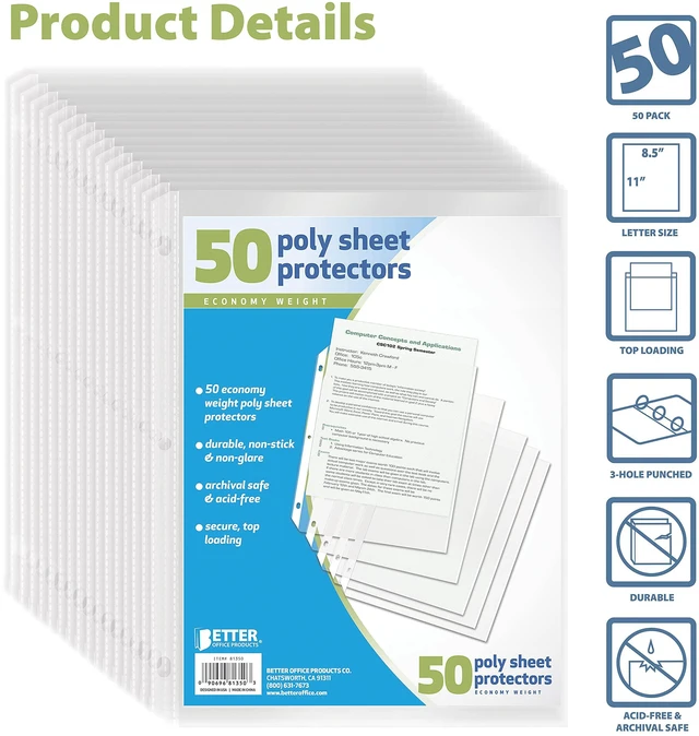 Alt view image 4 of 5 - Better Office Products Clear Sheet Protectors 8.5 x 11, 50 Pack Top Load Binder Sleeves for 3 Ring Binder, Transparent