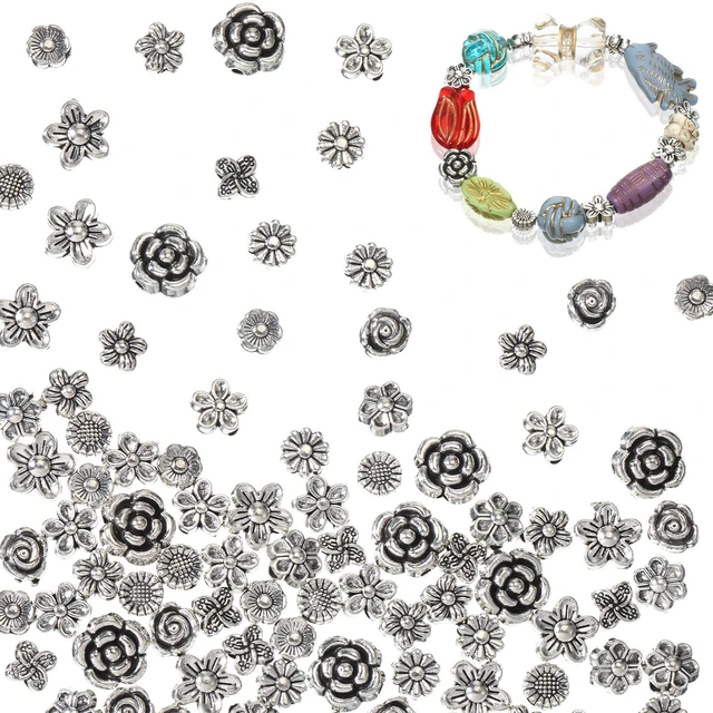 Main image of 100Pcs Antique Silver Metal Spacer Beads, 6mm Alloy Tibetan Flower Loose Rondelle Charm Spacers for Jewelry Making