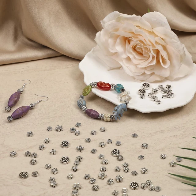 Alt view image 2 of 7 - 100Pcs Antique Silver Metal Spacer Beads, 6mm Alloy Tibetan Flower Loose Rondelle Charm Spacers for Jewelry Making