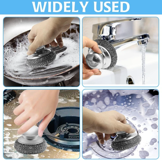 Alt view image 4 of 7 - Stainless Steel Wool Scrubber with 2 Replacement Pads - Clean Metal Pans, Pots, Grills & More