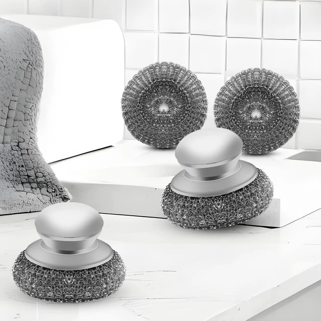 Alt view image 5 of 7 - Stainless Steel Wool Scrubber with 2 Replacement Pads - Clean Metal Pans, Pots, Grills & More