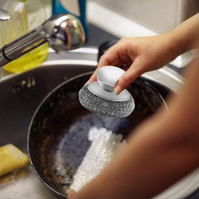 Alt view image 6 of 7 - Stainless Steel Wool Scrubber with 2 Replacement Pads - Clean Metal Pans, Pots, Grills & More