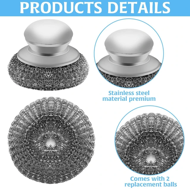 Alt view image 2 of 7 - Stainless Steel Wool Scrubber with 2 Replacement Pads - Clean Metal Pans, Pots, Grills & More