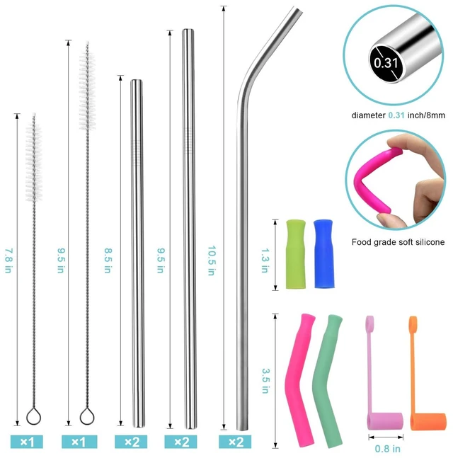 Alt view image 2 of 7 - Reusable Stainless Steel Straws Set 6PCS with 6 Silicone Tips, 2 Straw Brushes, 1 Storage Case, Suitable for 14oz, 20oz, 30oz Cups & Tumblers, for Hot/Cold Drinks