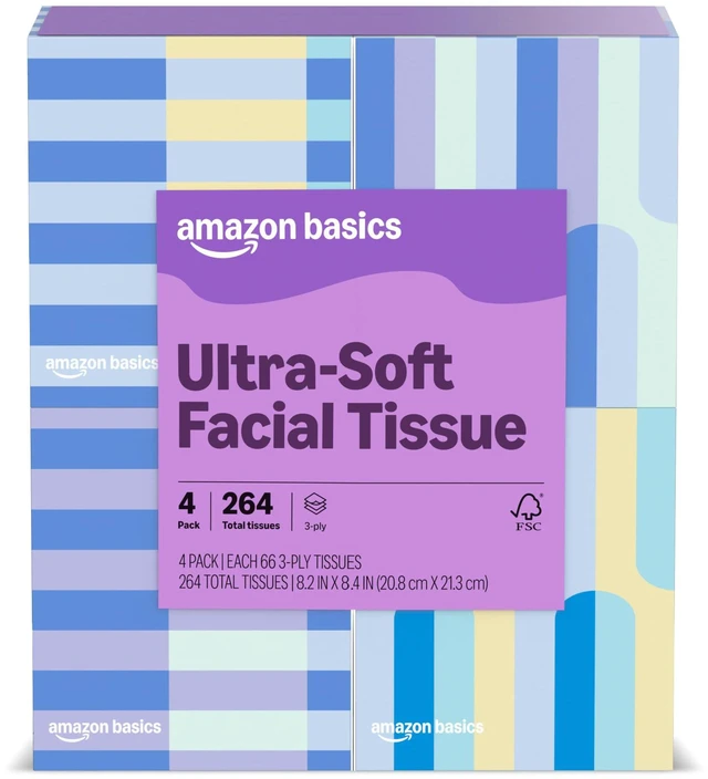 Main image of Amazon Basics Ultra-Soft 3-Ply Premium Facial Tissues, 264 Count (4 Cube Boxes of 66)