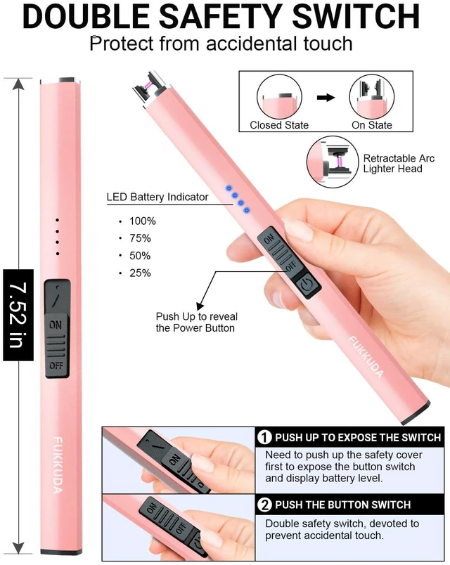 Alt view image 2 of 6 - FUKKUDA Electric Candle Lighter with Safety Switch, USB Rechargeable Windproof Flameless Plasma Arc, Rose Gold
