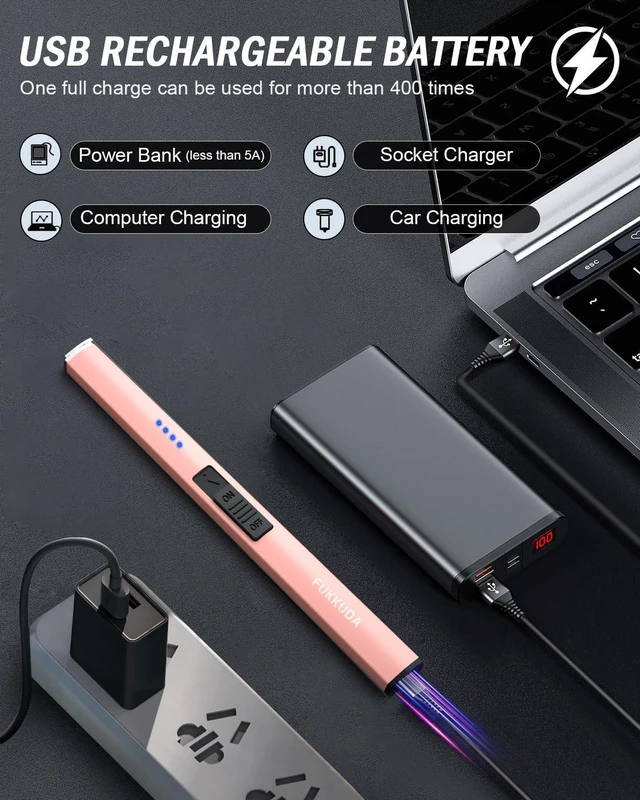 Alt view image 4 of 6 - FUKKUDA Electric Candle Lighter with Safety Switch, USB Rechargeable Windproof Flameless Plasma Arc, Rose Gold