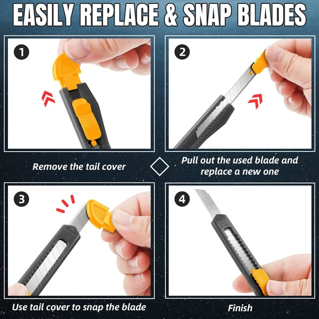 Alt view image 5 of 6 - 4 Pack Retractable Box Cutter Utility Knife with 9mm Wide Snap-Off Blades, Exacto Knife, Box Opener for Office, Home, School, Cutting Boxes, Wrapping, Cardboard