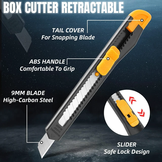 Alt view image 3 of 6 - 4 Pack Retractable Box Cutter Utility Knife with 9mm Wide Snap-Off Blades, Exacto Knife, Box Opener for Office, Home, School, Cutting Boxes, Wrapping, Cardboard