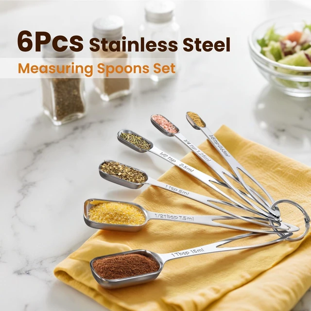 Alt view image 5 of 6 - 6PCS Narrow Measuring Spoons Set, Stainless Steel Measuring Spoon Fits in Spice Jars, Metal Teaspoon Measuring Spoons, Rectangular Tablespoon, Long Measuring Spoons for Dry & Liquid Ingredients
