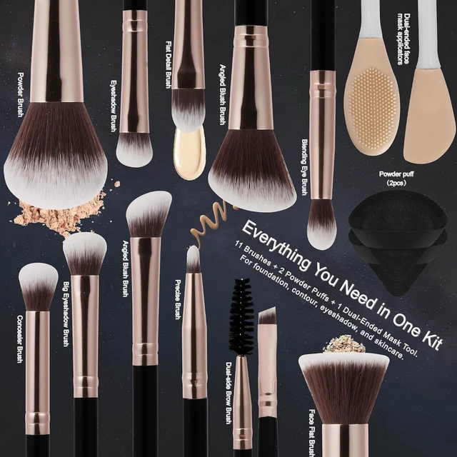 Alt view image 2 of 6 - Professional 14-Piece Premium Synthetic Makeup Brush Set - Black Foundation Concealer Powder Blush Eyeshadow Brushes with 2 Powder Puffs & Dual-Ended Mask Applicator, Gif