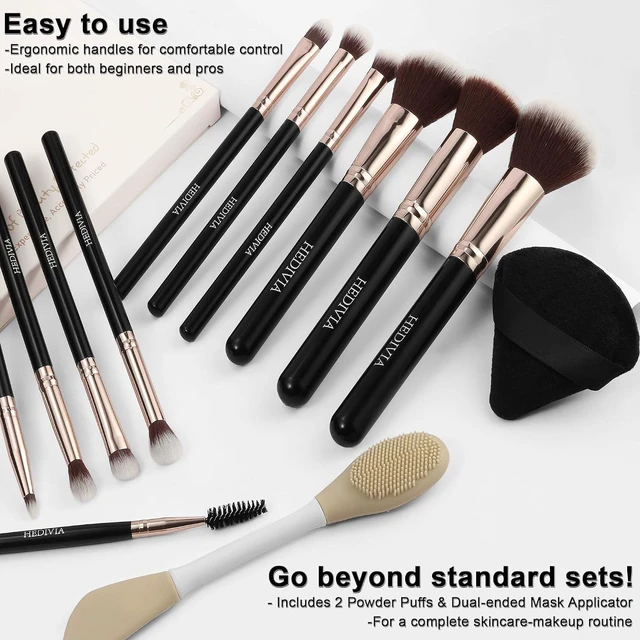 Alt view image 6 of 6 - Professional 14-Piece Premium Synthetic Makeup Brush Set - Black Foundation Concealer Powder Blush Eyeshadow Brushes with 2 Powder Puffs & Dual-Ended Mask Applicator, Gif