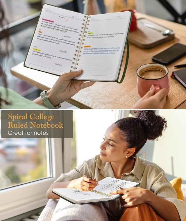 Alt view image 6 of 7 - A5 Hardcover Spiral Notebook, Lined, 150 Numbered Pages, 100 GSM, College Ruled, 5.75" x 8.38", Olive Green