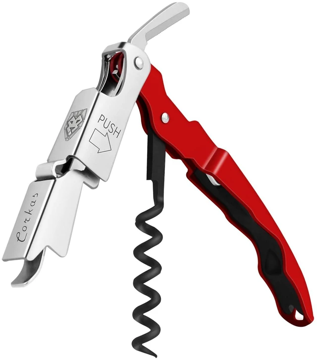 Main image of CORKAS Wine Key Professional Heavy Duty Waiter Corkscrew with Double Hinged, Foil Cutter and Bottle Opener, Gifts for Servers Sommelier Bartenders, Red