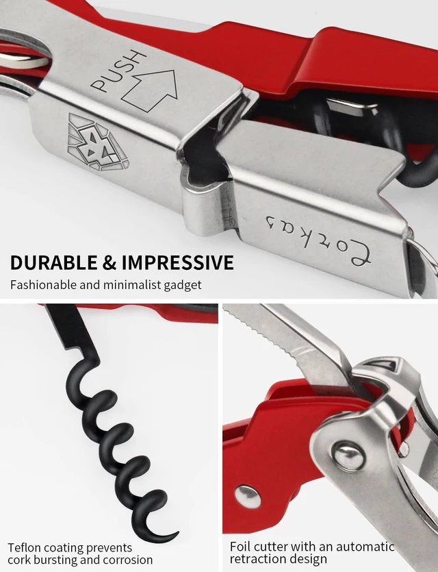 Alt view image 2 of 6 - CORKAS Wine Key Professional Heavy Duty Waiter Corkscrew with Double Hinged, Foil Cutter and Bottle Opener, Gifts for Servers Sommelier Bartenders, Red
