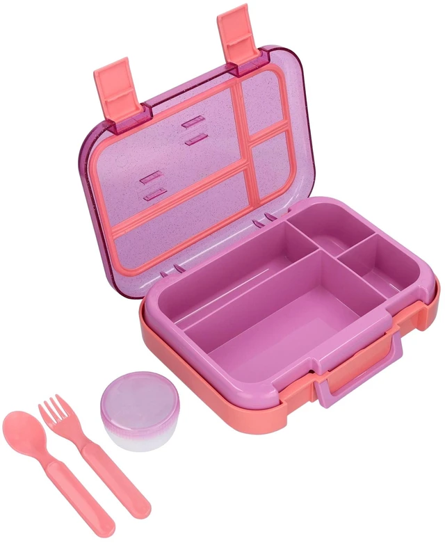 Main image of Mainstays Kids 4-Compartment Plastic Bento Box with Removable Tray, Fork, Spoon, and Dressing Container, Pink Glitter