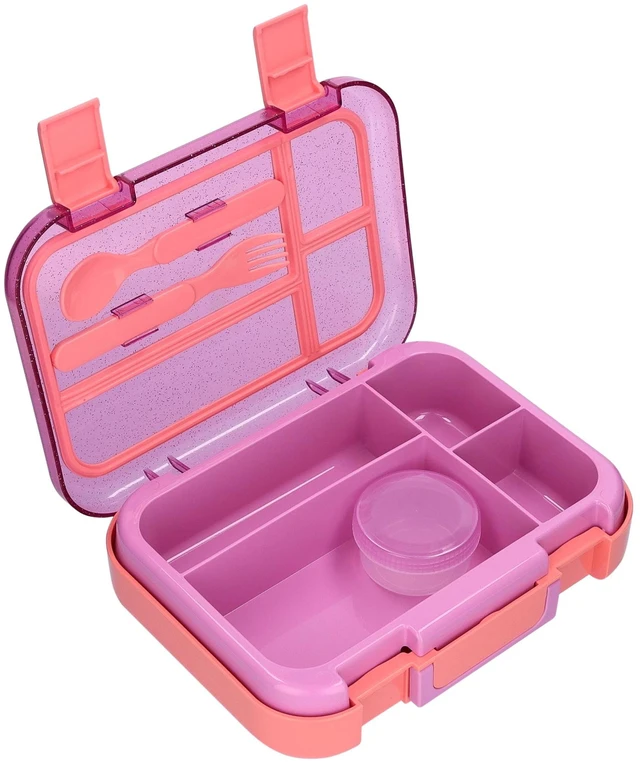 Alt view image 6 of 6 - Mainstays Kids 4-Compartment Plastic Bento Box with Removable Tray, Fork, Spoon, and Dressing Container, Pink Glitter