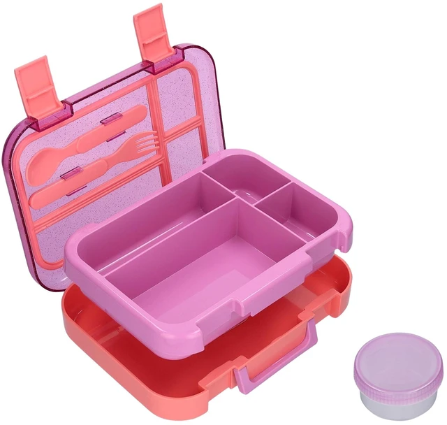 Alt view image 2 of 6 - Mainstays Kids 4-Compartment Plastic Bento Box with Removable Tray, Fork, Spoon, and Dressing Container, Pink Glitter