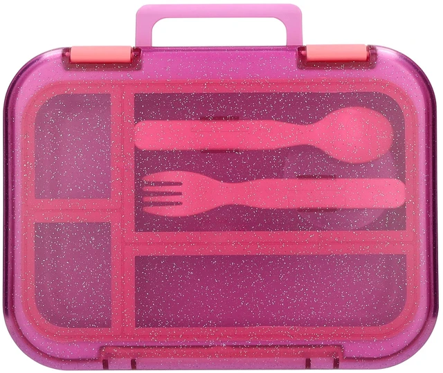Alt view image 3 of 6 - Mainstays Kids 4-Compartment Plastic Bento Box with Removable Tray, Fork, Spoon, and Dressing Container, Pink Glitter