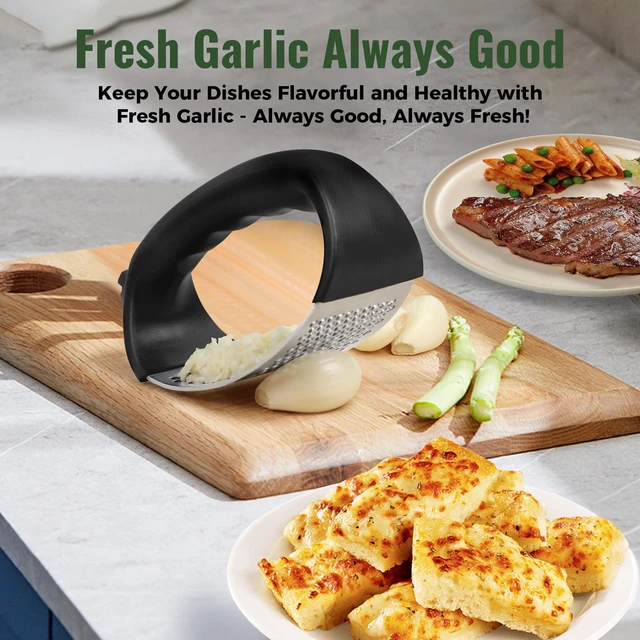 Alt view image 4 of 6 - Pomyter Stainless Steel Garlic Press Rocker with Peeler and Cleaning Brush, Garlic Mincer and Crusher