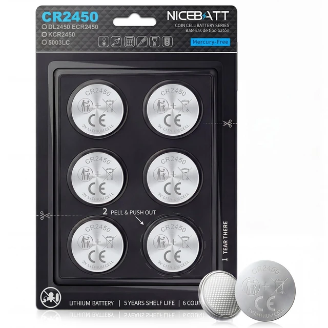 Main image of NICEBATT CR2450 3V Lithium Battery 6 Pack, Long Lasting Power for Key Fob, Door Sensor, Security System and More