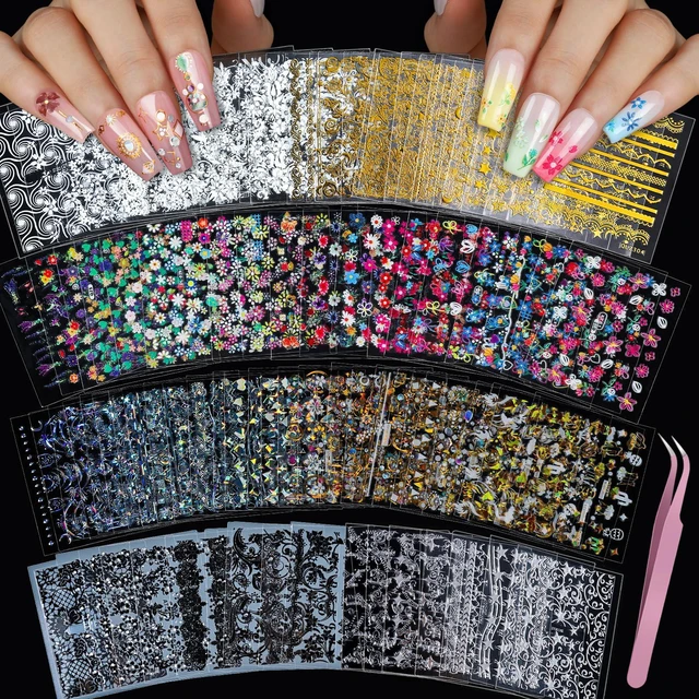Main image of Teenitor 3D Self Adhesive Flower Nail Stickers, 100 Sheets, 7 Styles, Silver & Gold, Black & White, for Kids Women