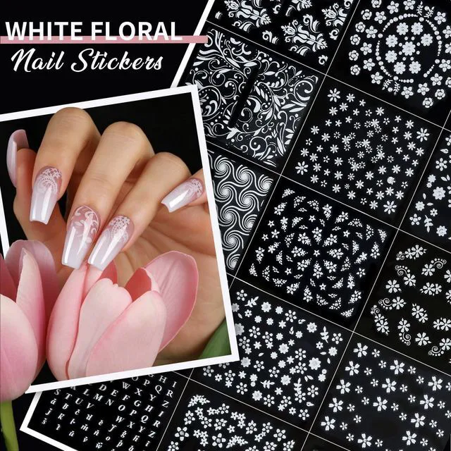 Alt view image 3 of 7 - Teenitor 3D Self Adhesive Flower Nail Stickers, 100 Sheets, 7 Styles, Silver & Gold, Black & White, for Kids Women
