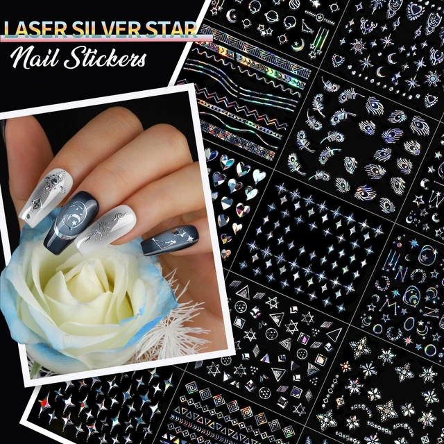 Alt view image 2 of 7 - Teenitor 3D Self Adhesive Flower Nail Stickers, 100 Sheets, 7 Styles, Silver & Gold, Black & White, for Kids Women