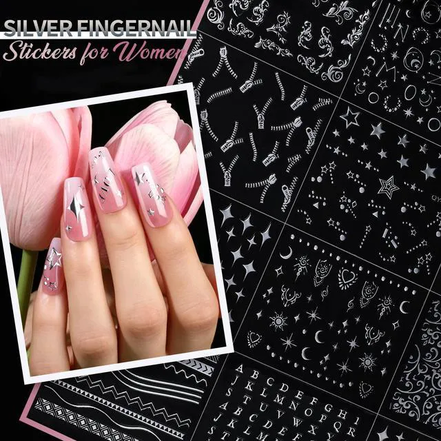 Alt view image 6 of 7 - Teenitor 3D Self Adhesive Flower Nail Stickers, 100 Sheets, 7 Styles, Silver & Gold, Black & White, for Kids Women