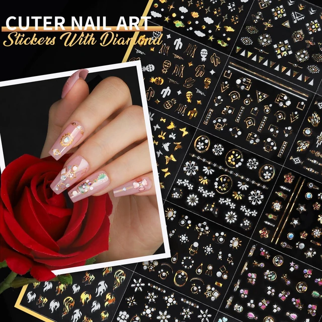 Alt view image 7 of 7 - Teenitor 3D Self Adhesive Flower Nail Stickers, 100 Sheets, 7 Styles, Silver & Gold, Black & White, for Kids Women
